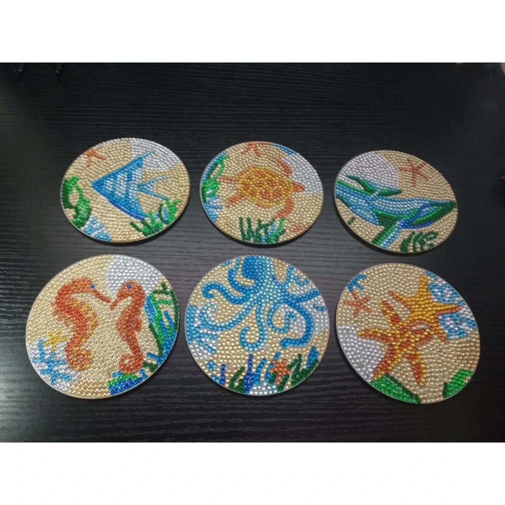 Handmade Diamond Art Sea Life Coaster Set of 6 Wood Cork Back Beach Ocean Decor